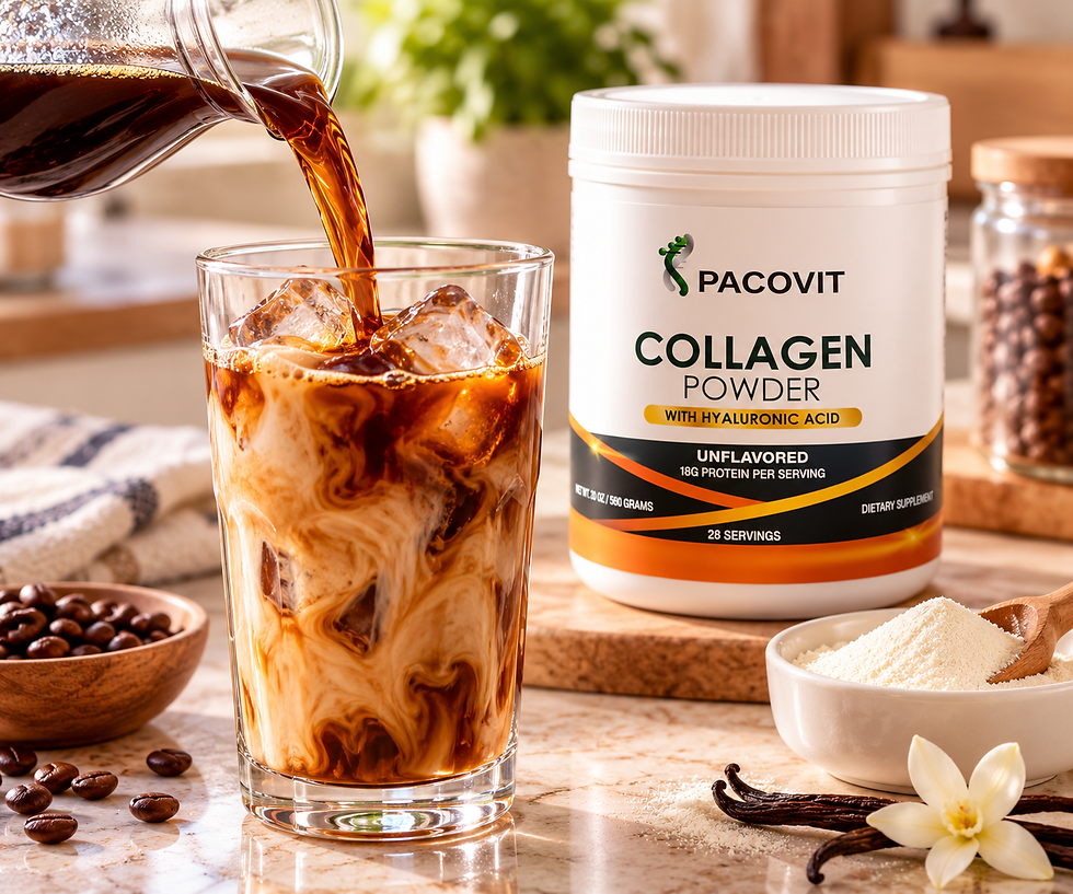 Close-up of cooled coffee being poured into a glass with collagen powder.