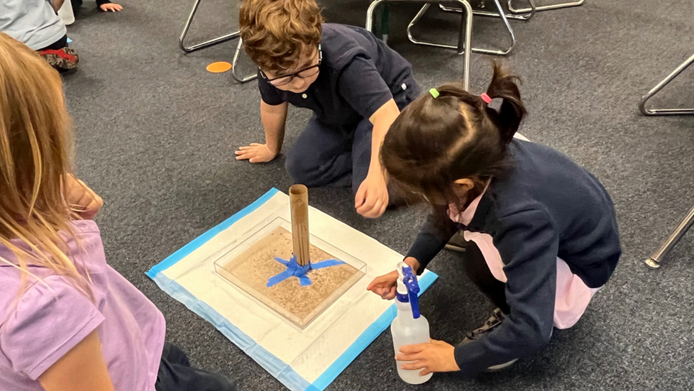 Kindergarten students engaged in classroom science project.