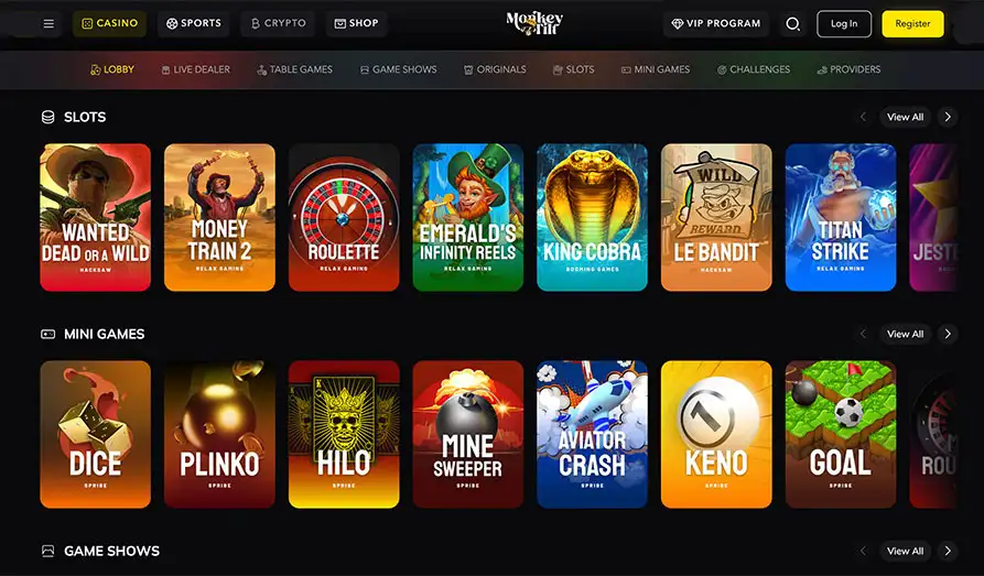 Online gaming platform featuring a selection of slots and mini-games, including titles like "Wanted Dead or a Wild," "Roulette," and "Aviator Crash."