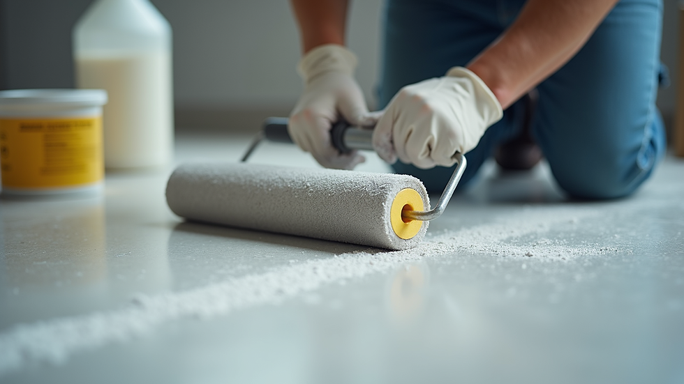 Close-up view of professional applying concrete sealer with roller