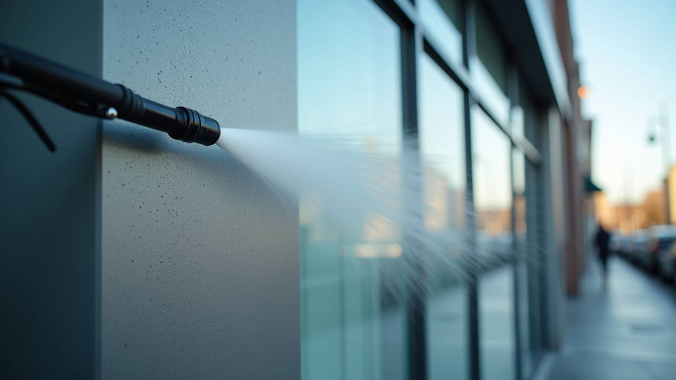 Close-up view of a commercial building facade being jet cleaned