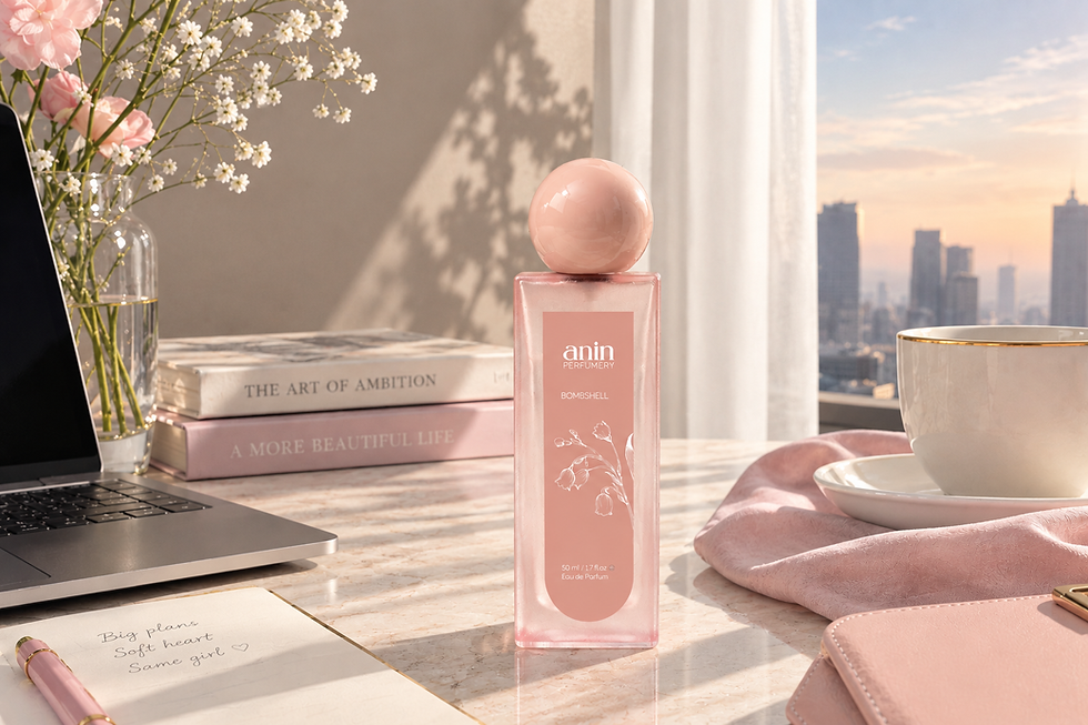 Parfum wanita BOMBSELL ANIN Perfumery dalam suasana meja kerja dengan bunga dan nuansa pastel