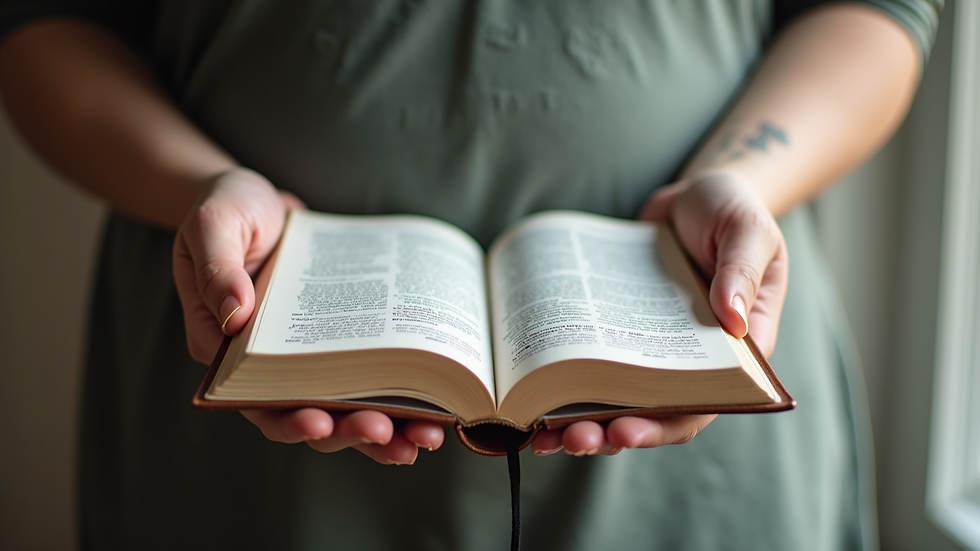 Close-up view of a doula’s hands holding a Bible and birth plan papers