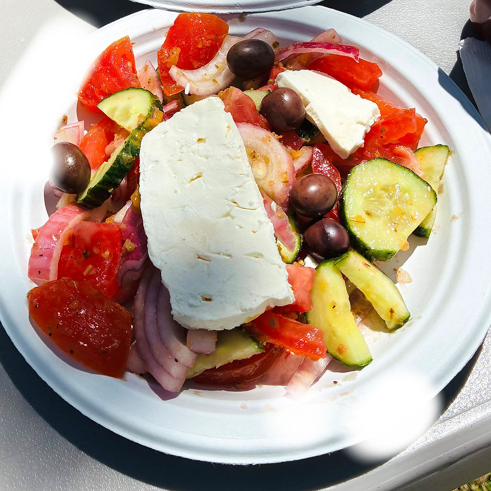 Close-up view of fresh Greek salad with feta and olives