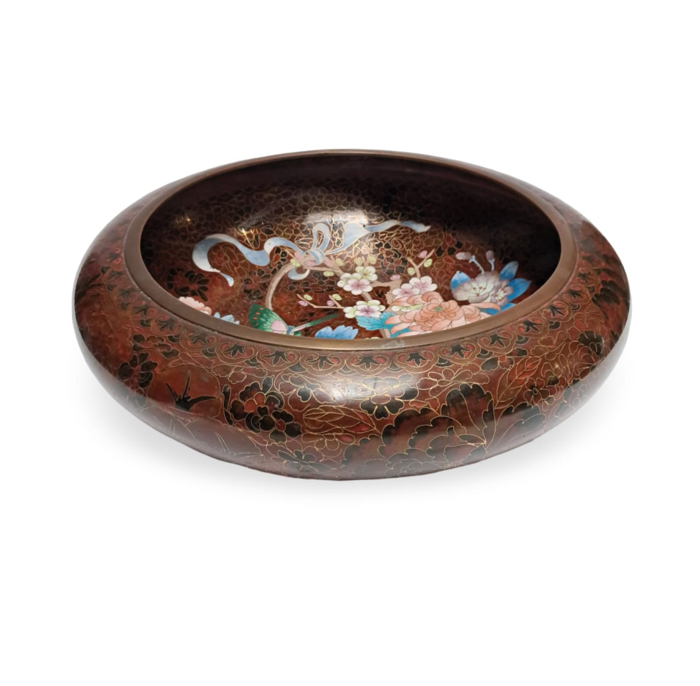 Cuenco bajo de Cloisonné Chino con motivos florales