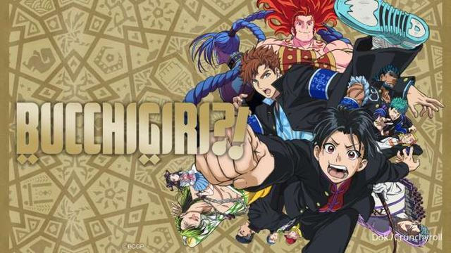 Bucchigiri?! anime poster featuring intense action scenes with colorful characters engaged in combat and comedic antics