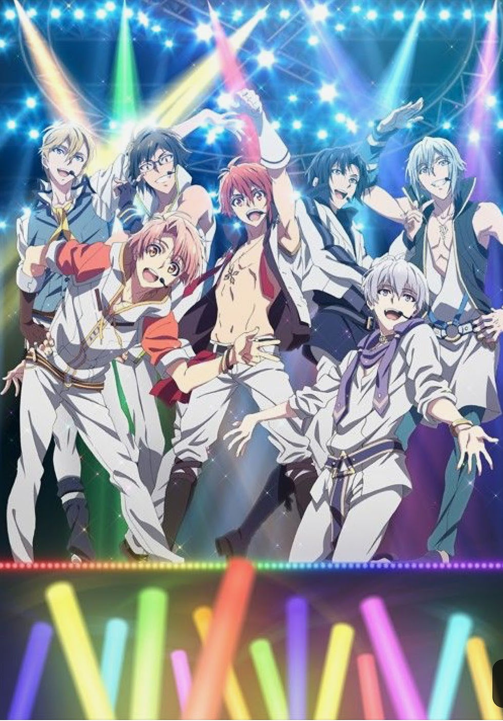 IDOLiSH7 anime poster highlighting the aspiring idol group with dynamic poses and vibrant stage performances.