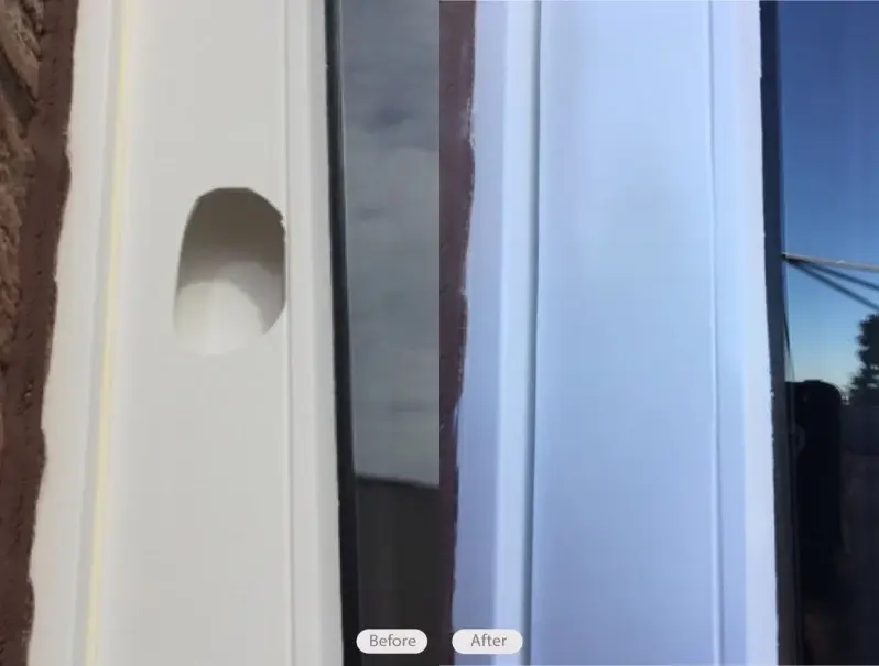 Close-up of a hole in a vinyl window, highlighting the damage that needs to be repaired for proper insulation and aesthetic p