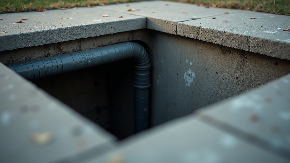 Close-up view of basement window well with drainage system