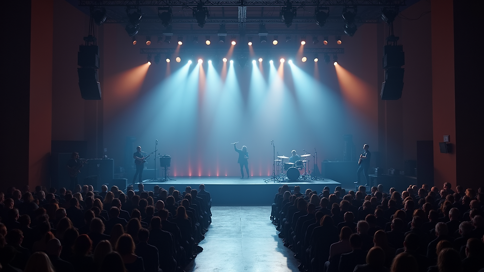 High angle view of a stage with professional lighting and sound equipment