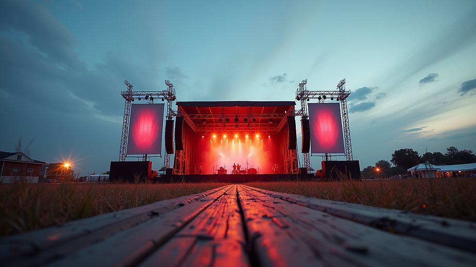 Eye-level view of a modular stage setup at an outdoor venue