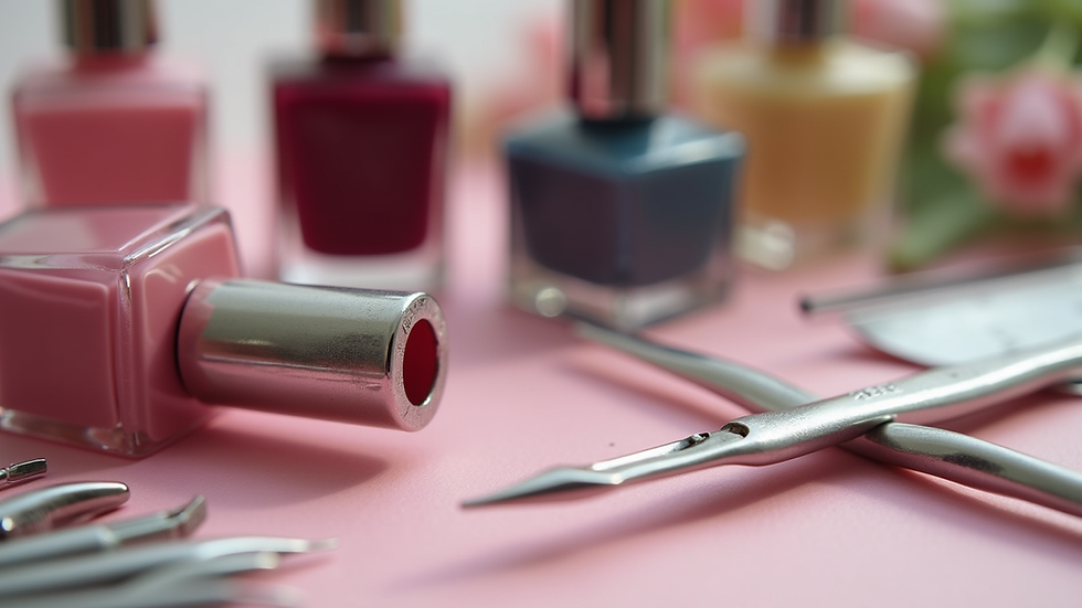 Close-up view of manicure tools and nail polish bottles arranged neatly