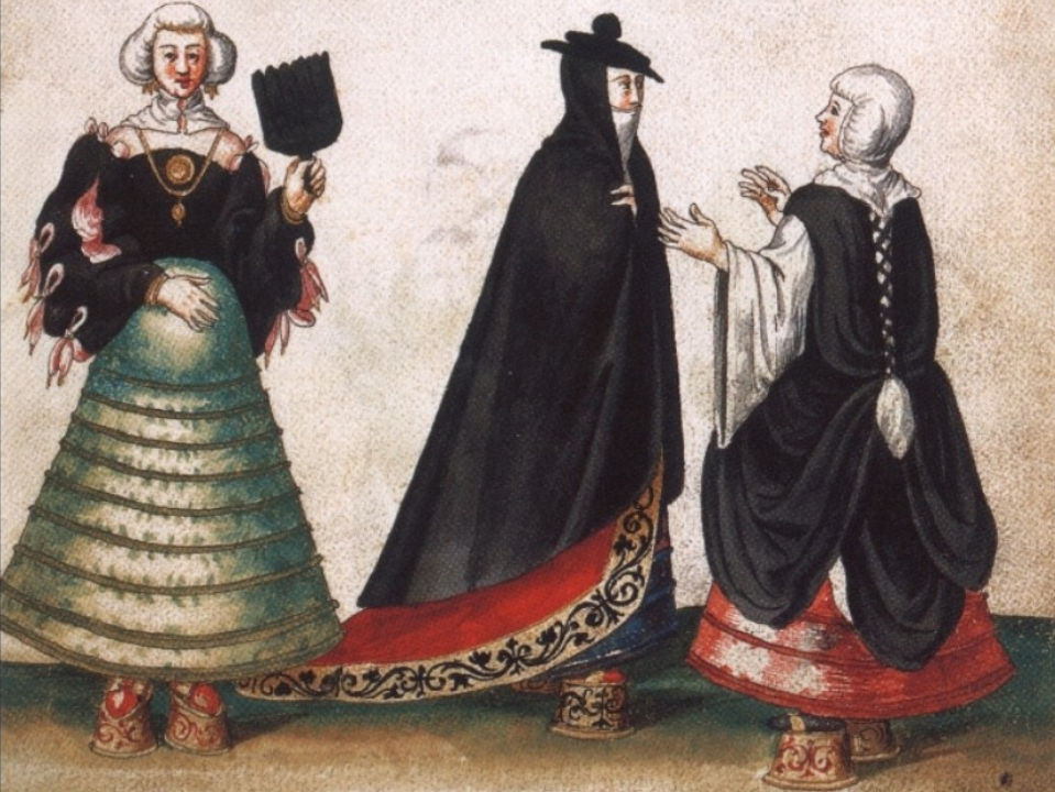 Ilustrasi wanita Eropa memakai sepatu hak tinggi pada abad ke-16. (Museo Stibbert, Florence).