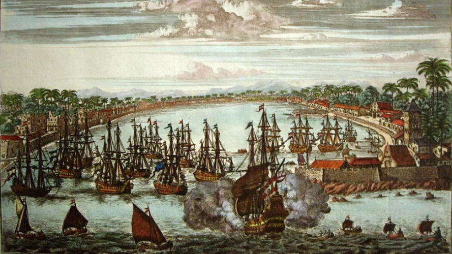 Lukisan armada VOC di Colombo, Ceylon (kini Sri Lanka) karya Johannes Kip tahun 1775. (themaritimegallery.co.uk/Wikimedia Commons).