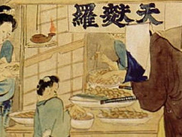 Ilustrasi kedai tempura di zaman Edo, Jepang. (Keisai Huwagata/Koleksi Museum Nasional Tokyo/Wikimedia Commons).
