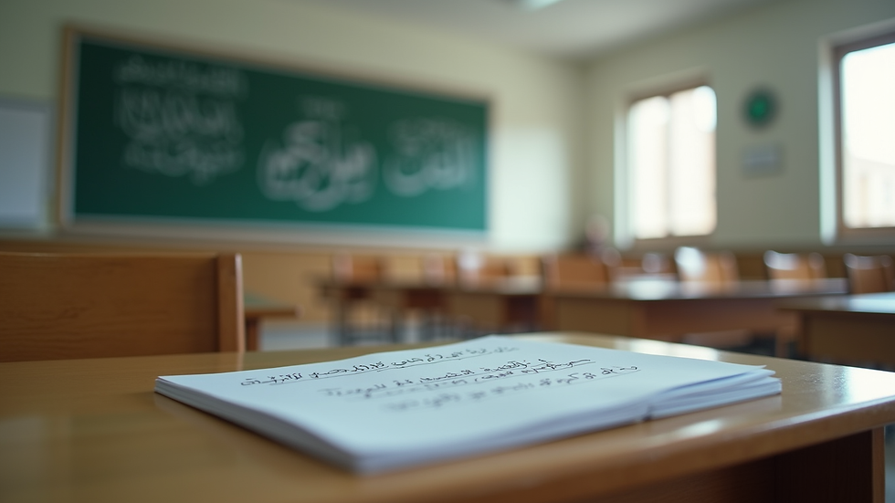 Eye-level view of classroom with Arabic language learning materials