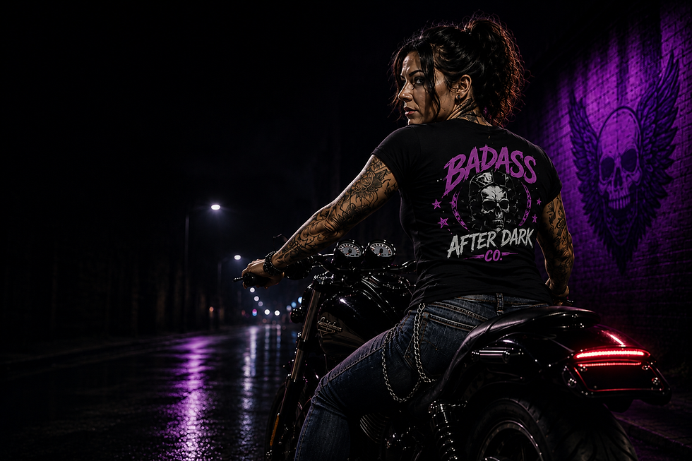 Woman riding a motorcycle at night under a dark sky.