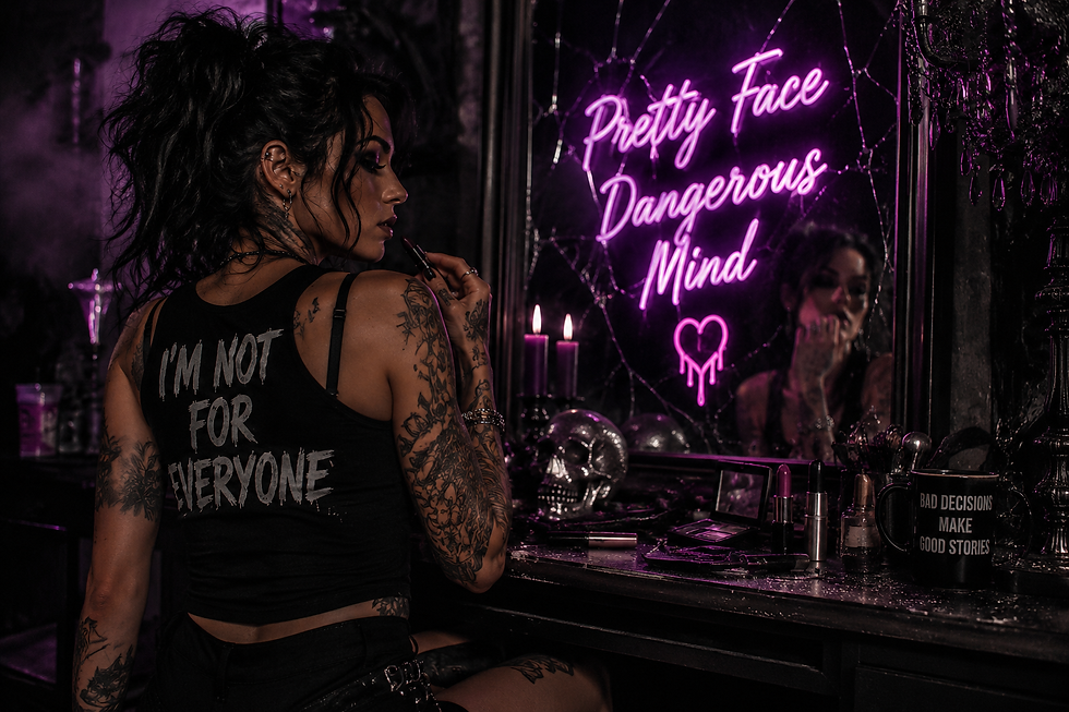 Badass woman standing confidently under neon lights with Pretty Face Dangerous Mind sign