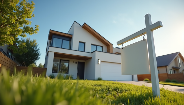 Eye-level view of a modern house with a "For Sale" sign in front
