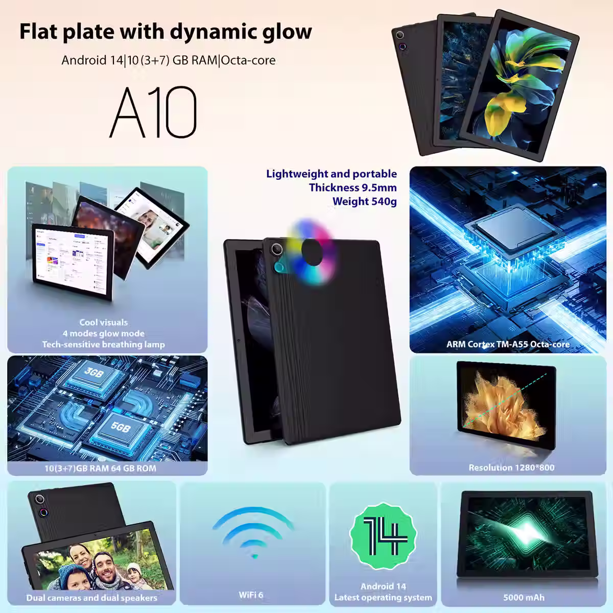 Tablet 10.1 Inch Android 14 Tablet PC, 10GB(3+7) RAM 64GB ROM Octa‑Core