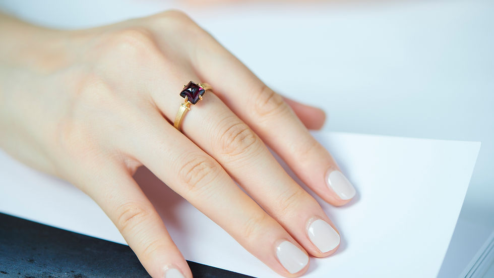 Thumbnail: Tinge Sugarloaf-cut Rhodolite Garnet Ring