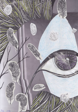oeuvre_postée,_L'oeil_dans_le_jardin,_composition-collage,_29_x_20,_envoyé_à_marc_Girard_le_9_août_2
