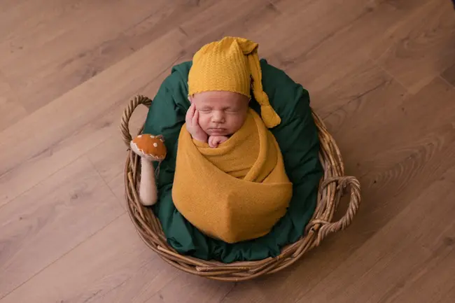 photo naissance bébé emmailloté jaune avec doudou champignon studio Lille Armentières