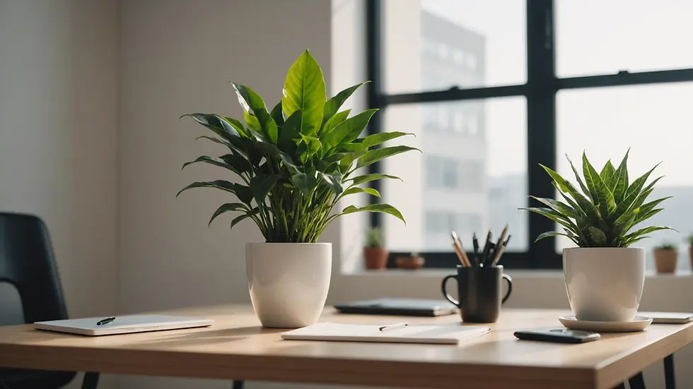Close-up view of a minimalistic workspace with a single plant
