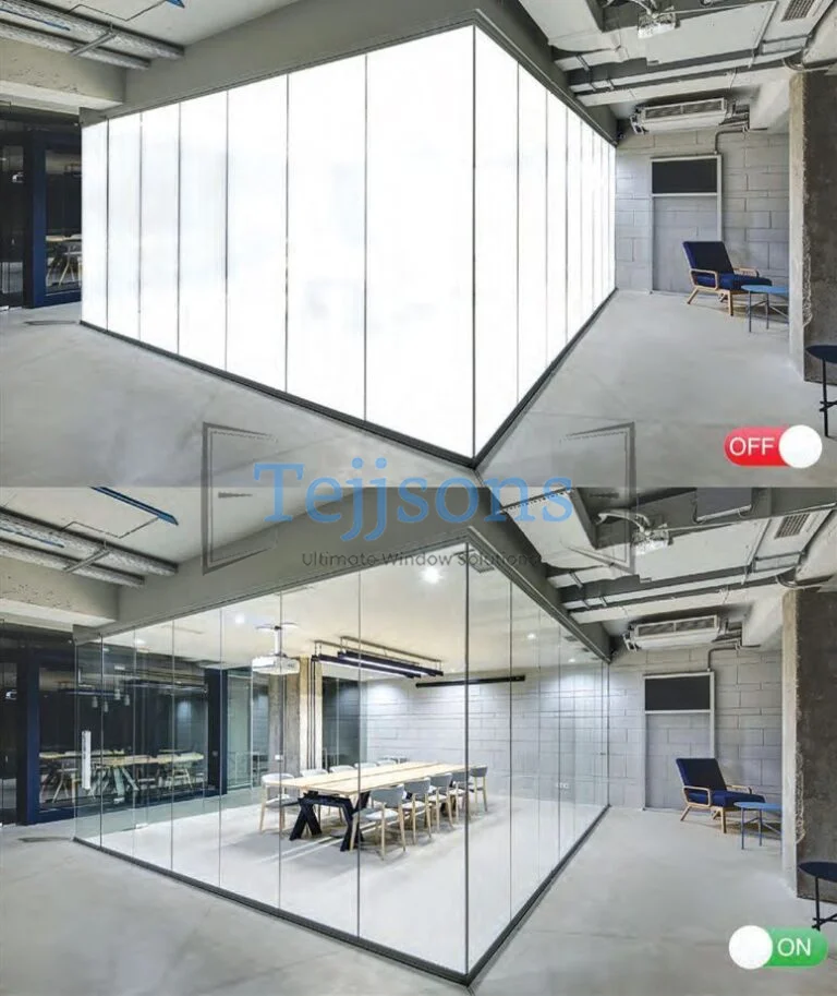 Tejjsons Smart glass windows showing on and off privacy modes