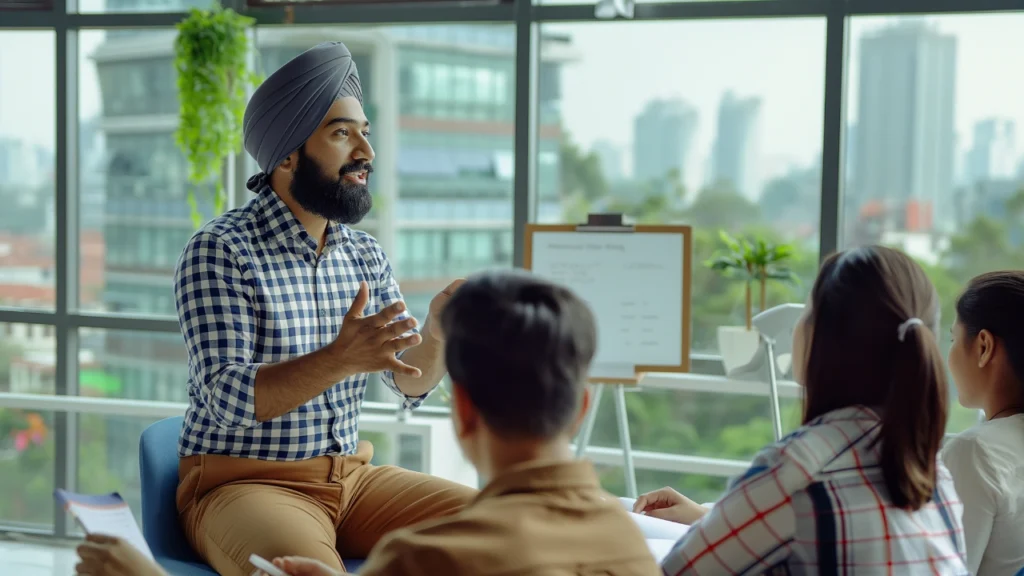 Consultant leading a discussion on social impact strategies"