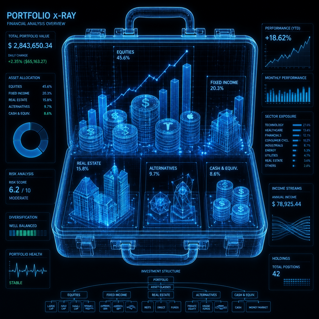 Holographic portfolio x-ray showing financial data and charts inside a briefcase.