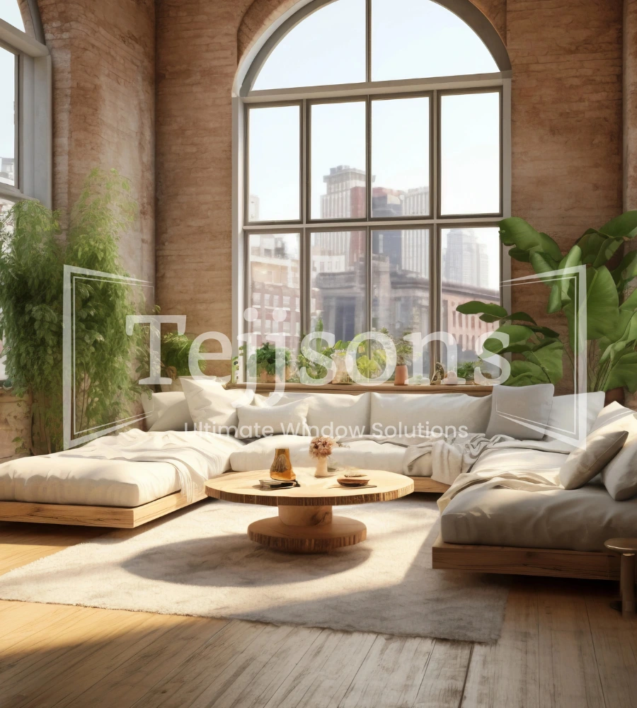 Arched aluminium windows lighting modern lounge interior