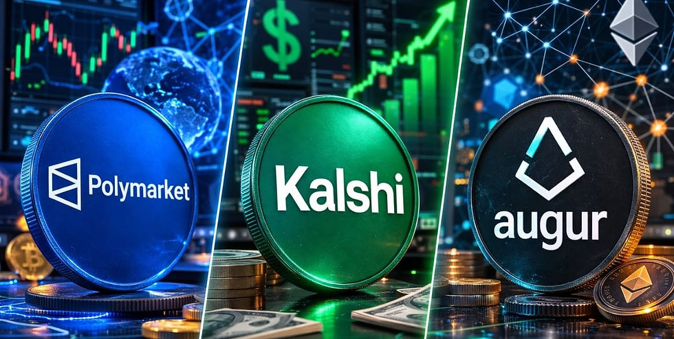 Polymarket, Kalshi, and Augur crypto coin logos over market charts, cash, and network graphics with a bullish finance mood