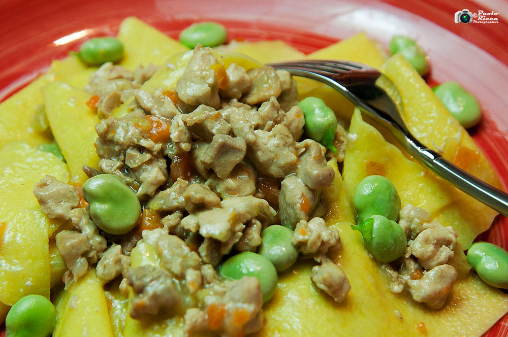 Picagge liguri con ragout di faraona e fave