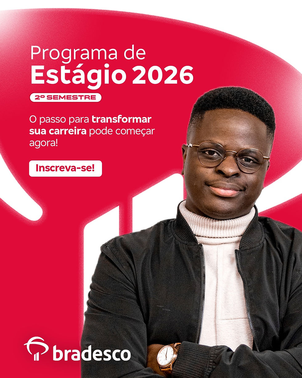 Jovem negro de braços cruzados, ao fundo a cor vermelha com o logo do Bradesco e dizeres de Programa de Estágio, Inscreva-se