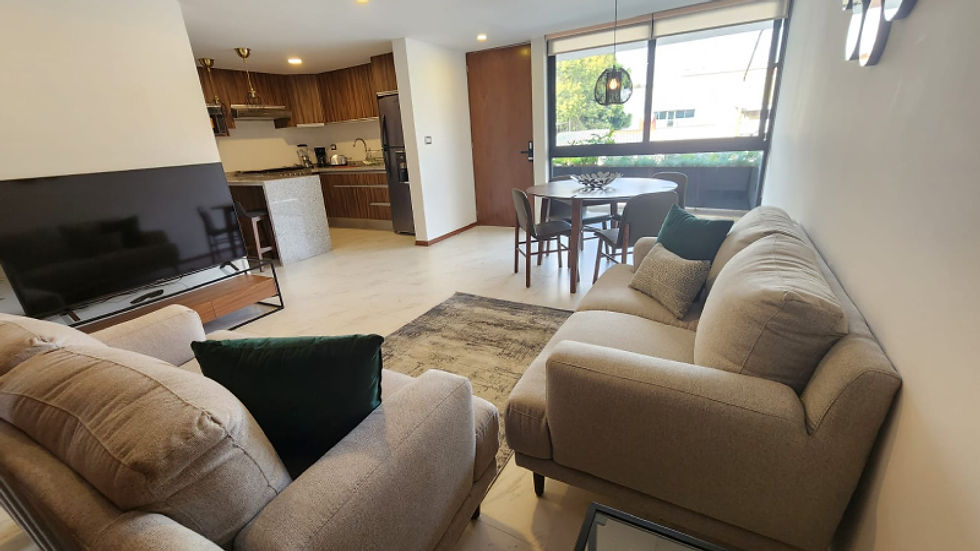 Modern furnished apartment living room in Mexico, ideal for buyers looking to buy vacation rental property in Mexico