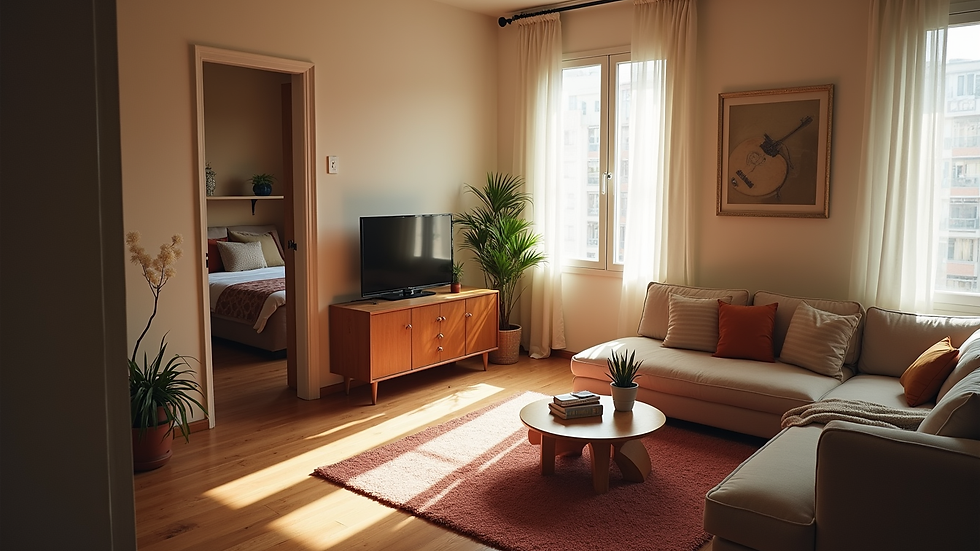 High angle view of a cozy Airbnb apartment interior in Mexico City