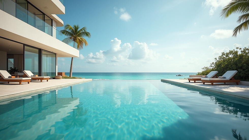 Eye-level view of a modern beachfront villa with a pool in Cancun