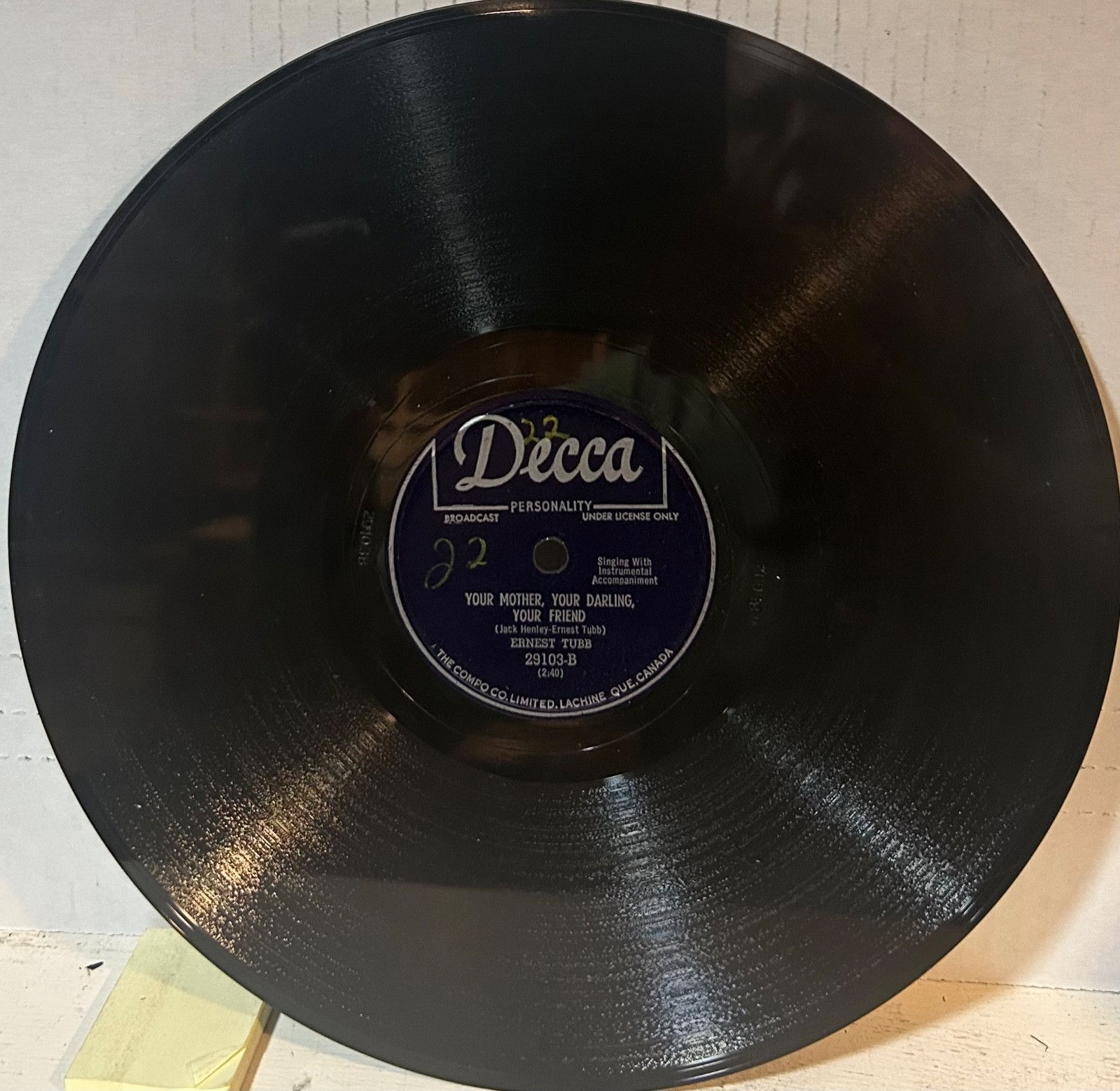 ERNEST TUBB DECCA (CDN) 29103 Baby Your Mother/Your Mother, Your Friend