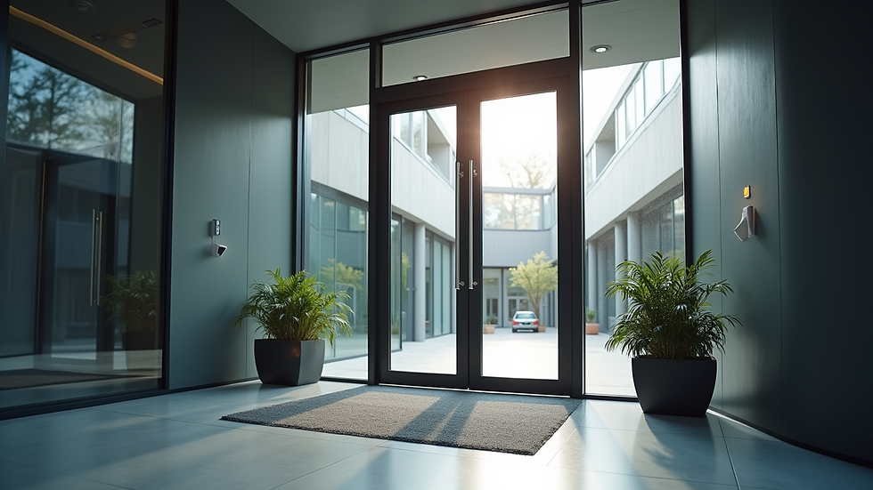 Eye-level view of modern glass door entrance to a commercial building