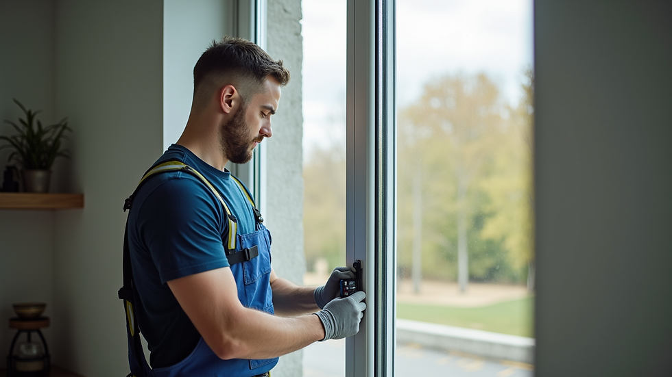Eye-level view of a professional installing new window glass
