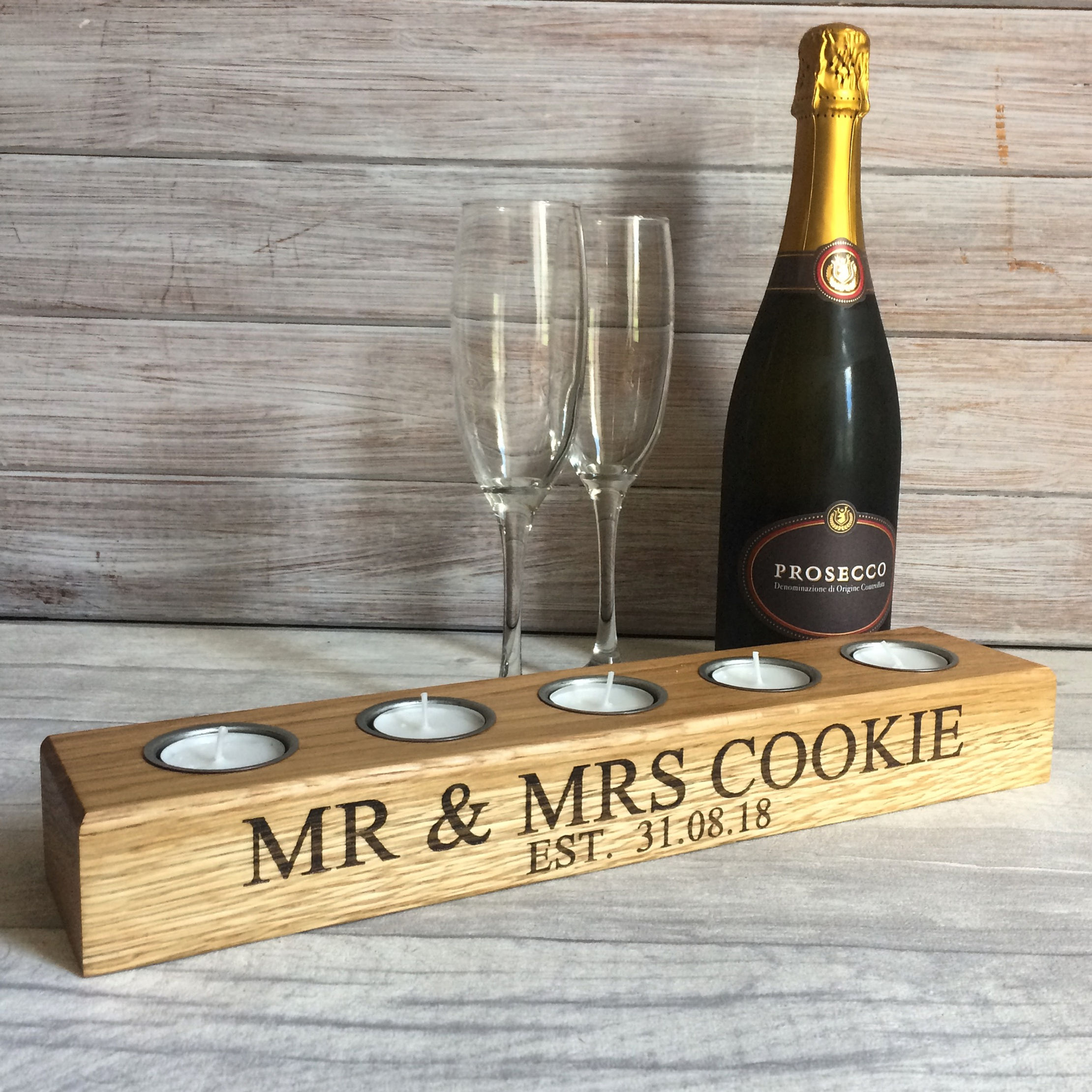 Personalised Oak Five Tea Light Holder
