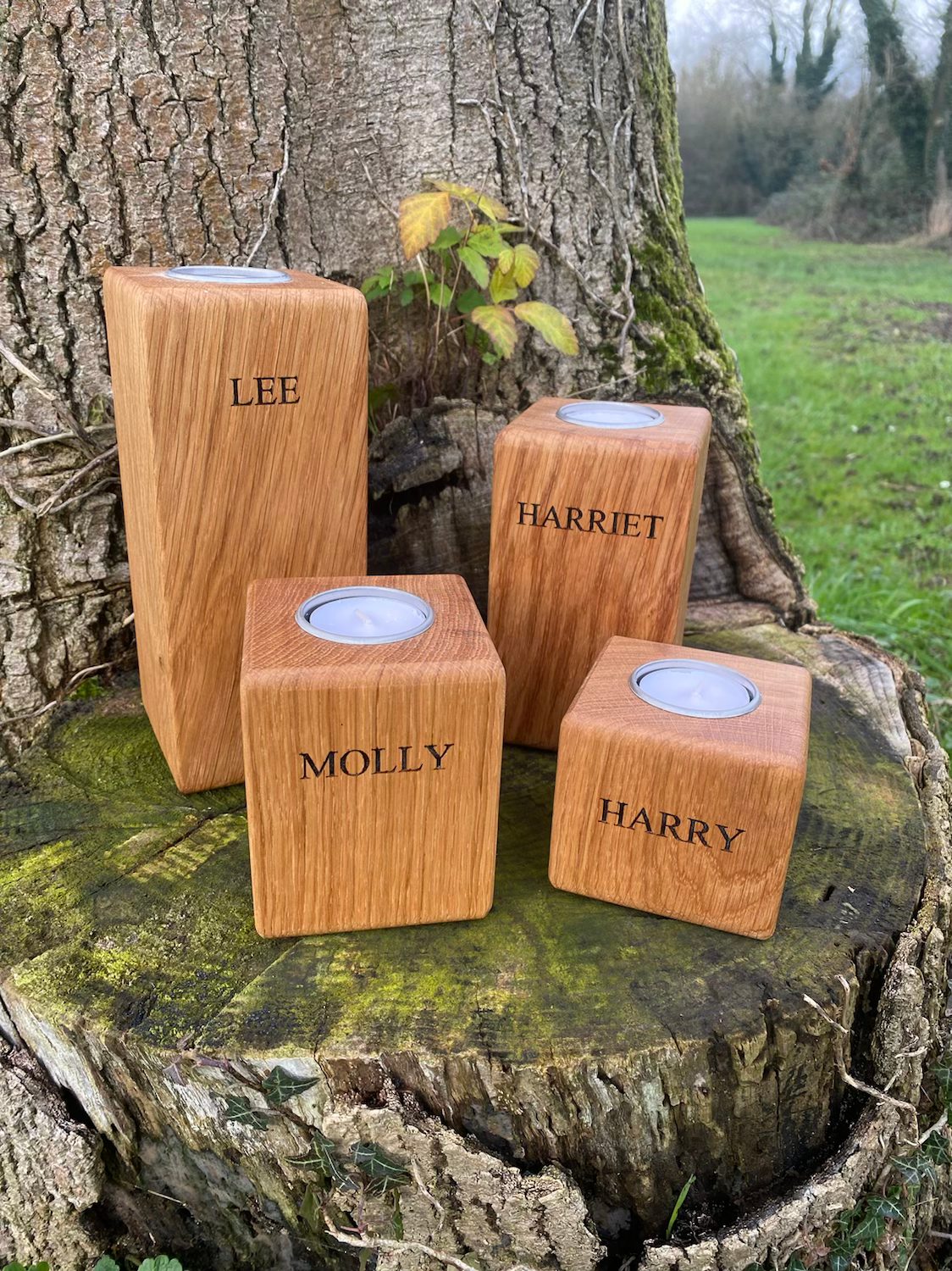 Oak Pillar Tea Light Holder Family Set