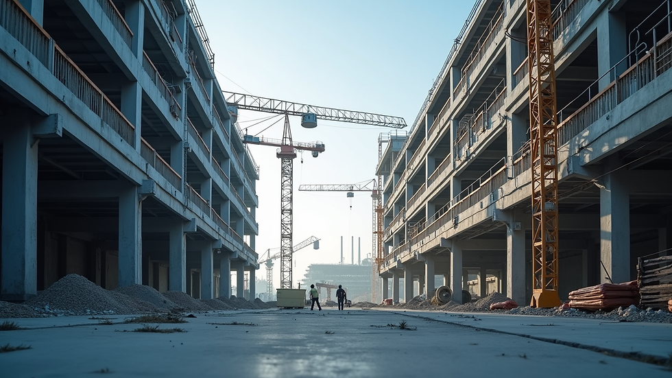 Eye-level view of a modern industrial construction site with cranes and steel framework