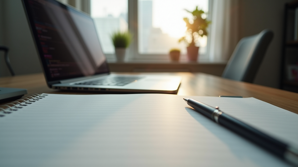Eye-level view of a modern workspace with a laptop and notepad