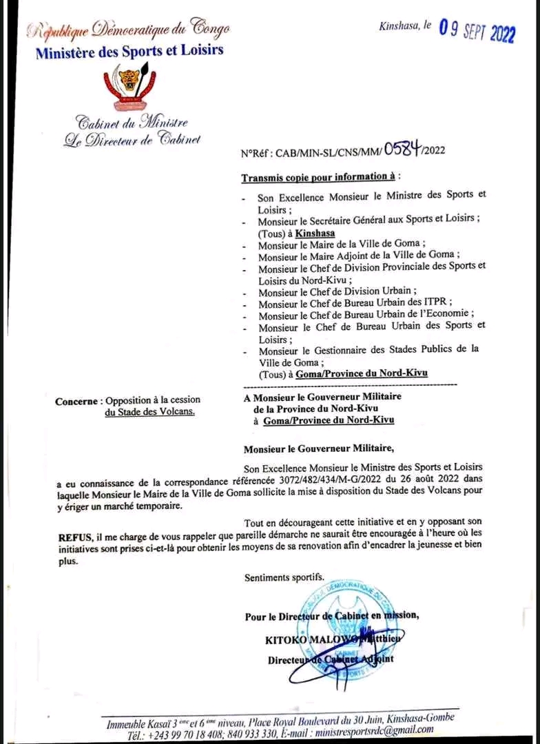 REFUS DU MINISTERE DE SPORT SUR LE SUJET STADE LE VOLCAN
