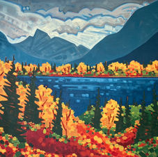 Stylized mountain landscape with warm autumn colours and alpine lake