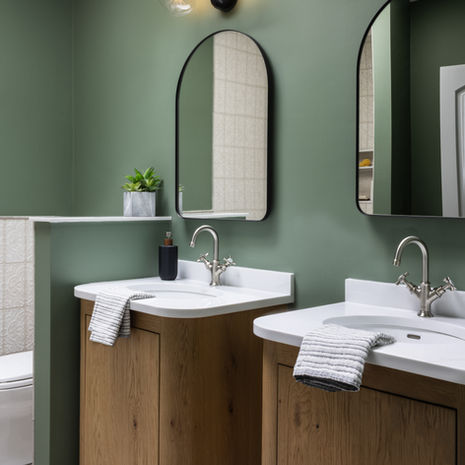 Somerville MA bathroom renovation with double vanity, green walls, arched mirrors, and black wall sconces by Morse Constructions
