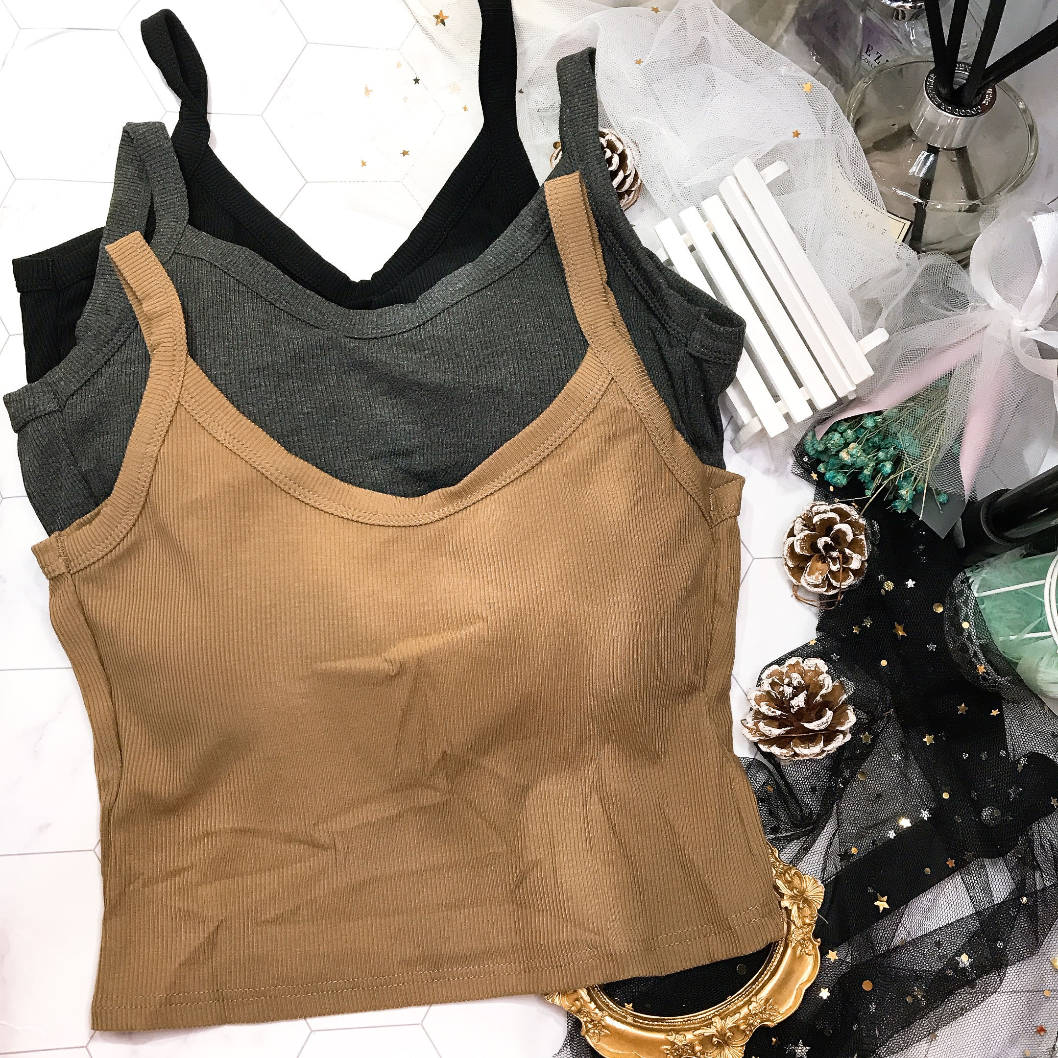 吊帶U背羅紋棉固定胸墊半腰TOP