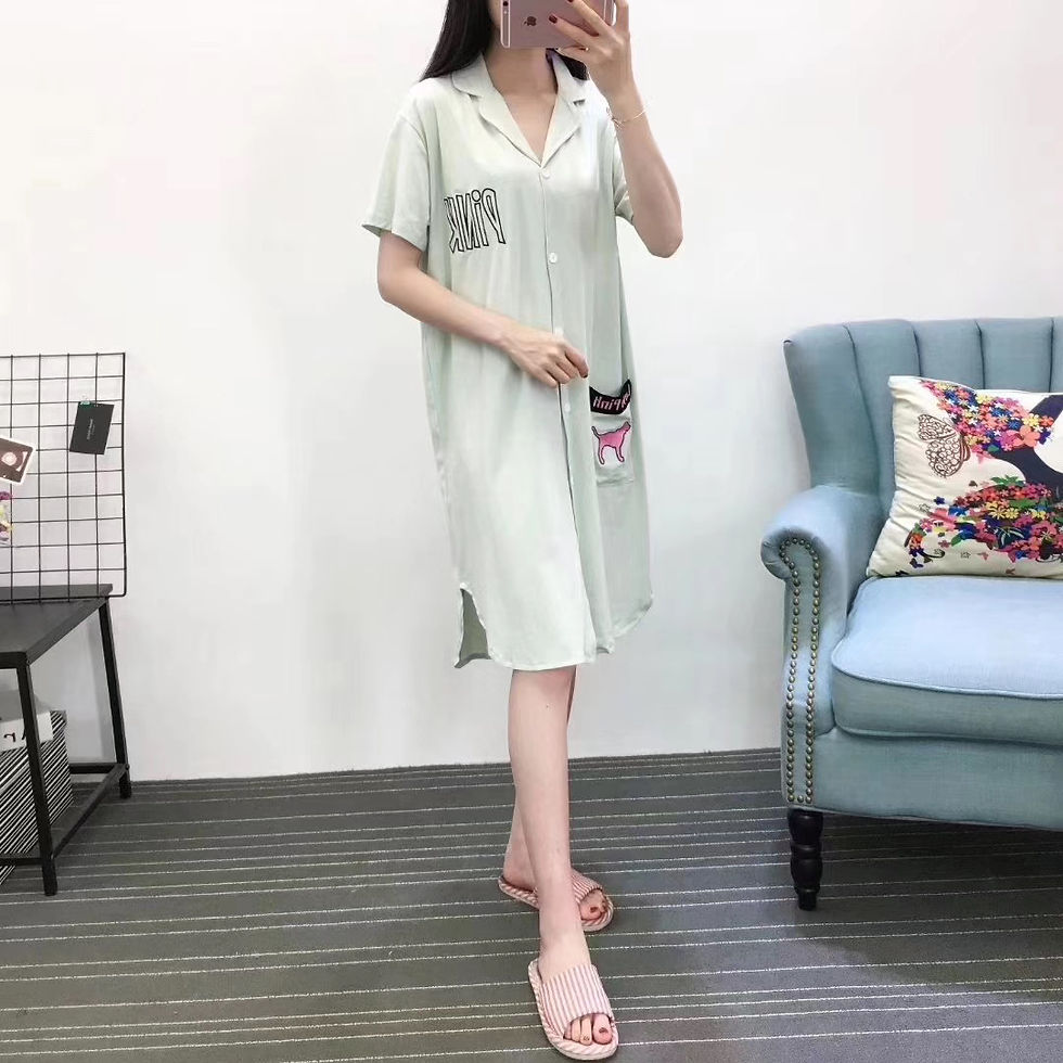 縮圖：出口圖案小口袋OVERSIZE寬鬆開鈕棉睡裙